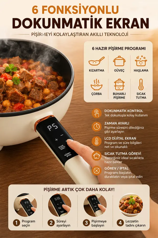 Çift Katlı Dijital Elektrikli Otomatik Yemek Pişirici Tencere 4.5 Litre 32 Cm Çift Katlı Dijital Elektrikli Otomatik Yemek Pişirici Tencere 4.5 Litre 32 Cm